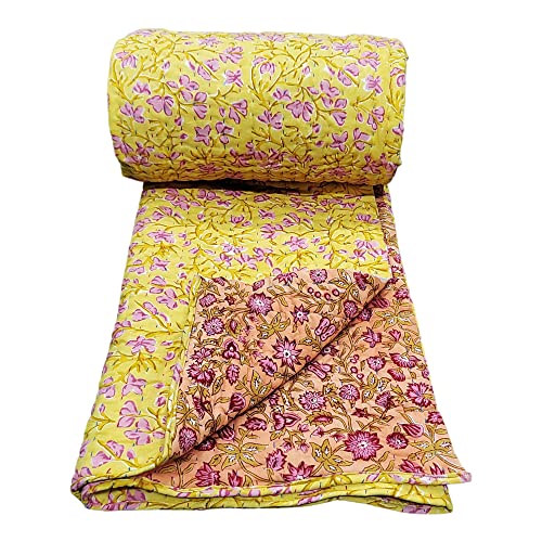Mango Gifts Edredón reversible de tamaño individual con estampado floral a mano, ligero, 100% algodón, acolchado a mano, 60 x 90 pulgadas