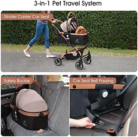 SKISOPGO 3-in-1 Pet Strollers for Small Medium Dogs Cat with Detachable Carrier Foldable Travel Pet Gear Stroller (Khaki)