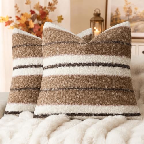 Image of Foindtower Pack of 2 Soft Faux Fur Boucle Throw Decorative Pillow Covers Fuzzy Accent Striped Cushion Sherpa Boho Farmhouse Pillowcase for Couch Sofa Bed Living Room Home Decor 18x18 Inch,Cocoa Brown