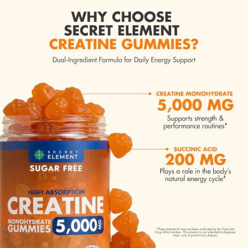 Image of Secret Element Creatine Monohydrate Gummies 5000 mg per Serving, Sugar Free Vegan Gummies, Non-GMO, Creatine Chews for Women & Men, 30 Servings, 120 Gummies, Mango Flavor, Pack of 2