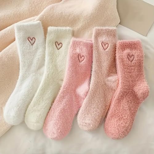 5 Pairs Women's Fluffy Heart Embroidery Mid-Crew Socks, Plush Thermal Non-Slip Winter Socks for Home (US 6-9)