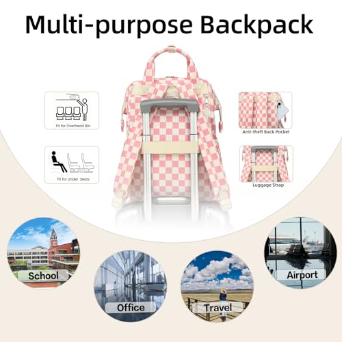 Image of Corduroy Laptop Backpack for Women 15.6 Inch Stylish College School Bookbag, Business Work & Travel Computer Backpacks (Checkered Pink)