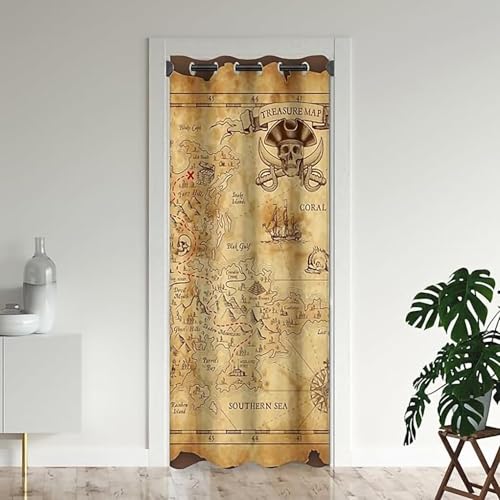 ZZTBQ Carte Rideau de Porte Carte au trésor Rideau Occultant Isolant Thermique Carte des Pirates Rideaux occultants à œillets Monde Carte Rideaux de Chambre 106x203 cm