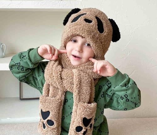 Image of Kids Winter Hat Gloves Scarf Set,Cute Panda Hat with Movable Ears Thick Warm Hood Cap for Girls Boys 4-10 Years Old