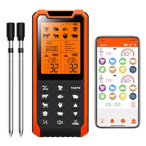 Smart Bluetooth Meat Thermometer - Long Range Wireless Food Thermometer, Temp Monitor with Dual Probes for BBQ, Oven, Grill & Smoker-Effortless Steak, Pork, and...