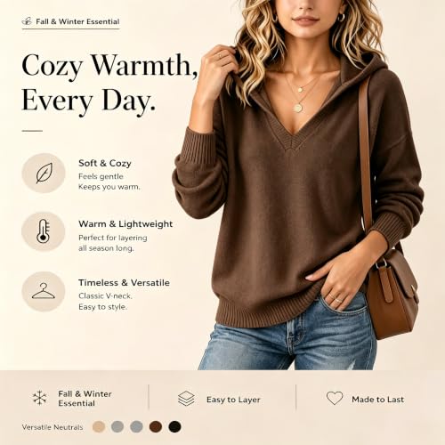 Cashmere Sweaters for Women V Neck Knit Pullover Hoodies Chocolate Brown L - image 5