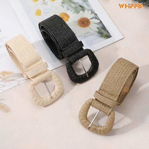 WHIPPY 3 Packs Women Straw Woven Elastic Stretch Waist Belts Fashion Boho Braided Skinny Ladies Dress Belt 6
