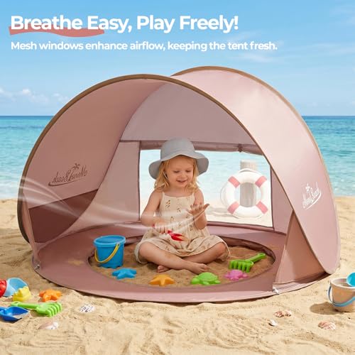Image of Monobeach Baby Beach Tent with Pool: Brown Pop Up Sun Shade Tent for Toddler, UV Protection Portable Outdoor Shelter, Foldable Camping Canopy for Beach, Backyard & Travel