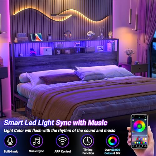 Image of Aheaplus Headboard for King Size Bed with Storage, Headboards with Outlets | King Size Head Board Only, USB Ports and LED Light, Height Adjustable, Reversible, Sturdy and Stable Headboard, Black Oak