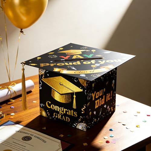 Image of APLUSWER Graduation Card Box with Golden Tassel, Graduation Decorations 2026 Graduation Cap Card Box for Senior Night Graduation Gift Graduation Party Favors Decor Party Supplies