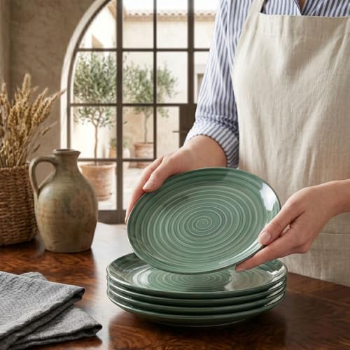 Image of Freakway Hand-Painted 'sea Swirls' Ceramic Quarter Plates Side Plates - 7.3 Inch Set of 4 Pieces Serving Platter Plates for Snacks & Dinner | Microwave & Dishwasher Safe | Green