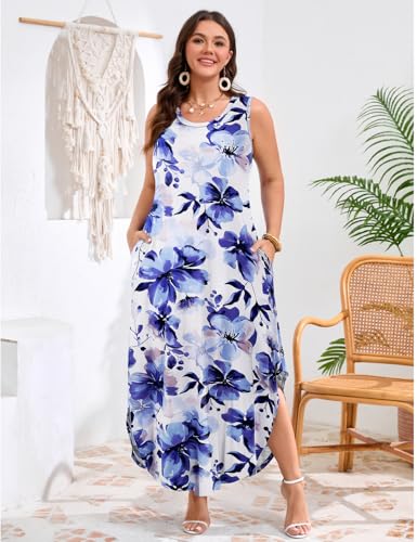 Image of JollieLovin Women Plus Size Summer Tank Maxi Dresses Sleeveless Causal V Neck Beach Long Dresses Swim Cover up (L-5X)