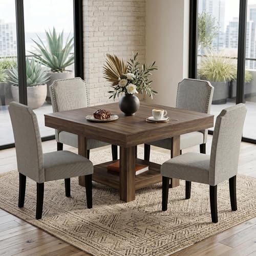 Image of Garvee Square Dining Table for 4-6, 47.2 inch Kitchen Table with 2-Tier Storage Shelf, Modern Black Walnut Waterproof Dining Room Table, Heavy Duty 350Lbs Capacity with Anti-Wobble Triangle Legs