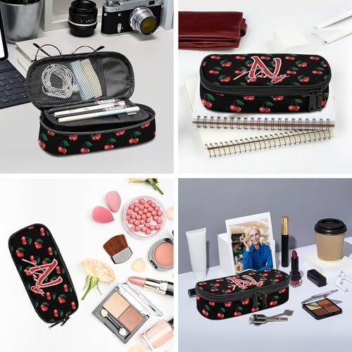 Image of Custom Cherry Pencil Case for Boy Girl Teens, Personalized Name Pencil Pouch, Big Capacity Black Pen Bag with Zipper, Organizer For Home Desk Office School
