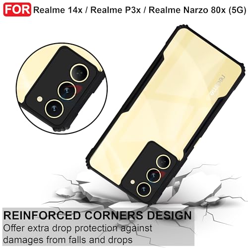 Image of CEDO Backcover for Realme 14x / Realme P3x / Narzo 80x (5G) | Camera Protection Shockproof Bumper-Edge | Acrylic Crystal Clear 360 Degree Protection TPU+PC | Transparent Eagle Back Case Cover (Black)