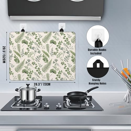 Image of Green Herb Leaves Glass Top Stove Cover Protector,Spring Botanical Leaf Heat Resistant Stove Top Cover, Large Size Range Covers for Electric Stove Countertop Mat, 28 x 20 Inch