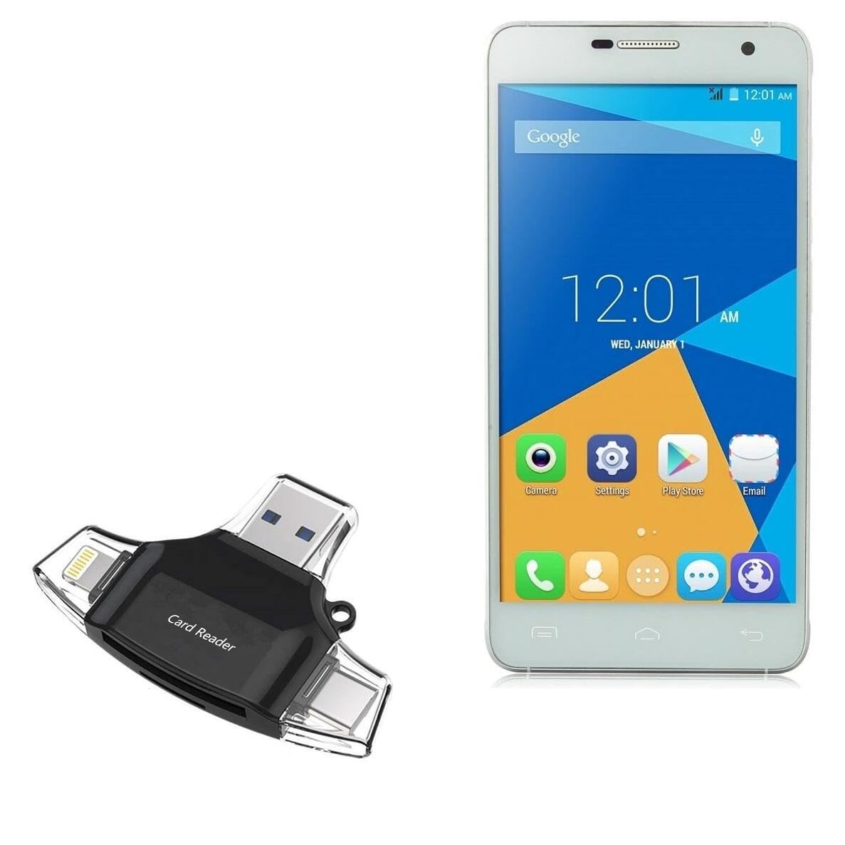 BoxWave AllReader SD Card Reader, a compact black device with multiple USB connectors and card slots.