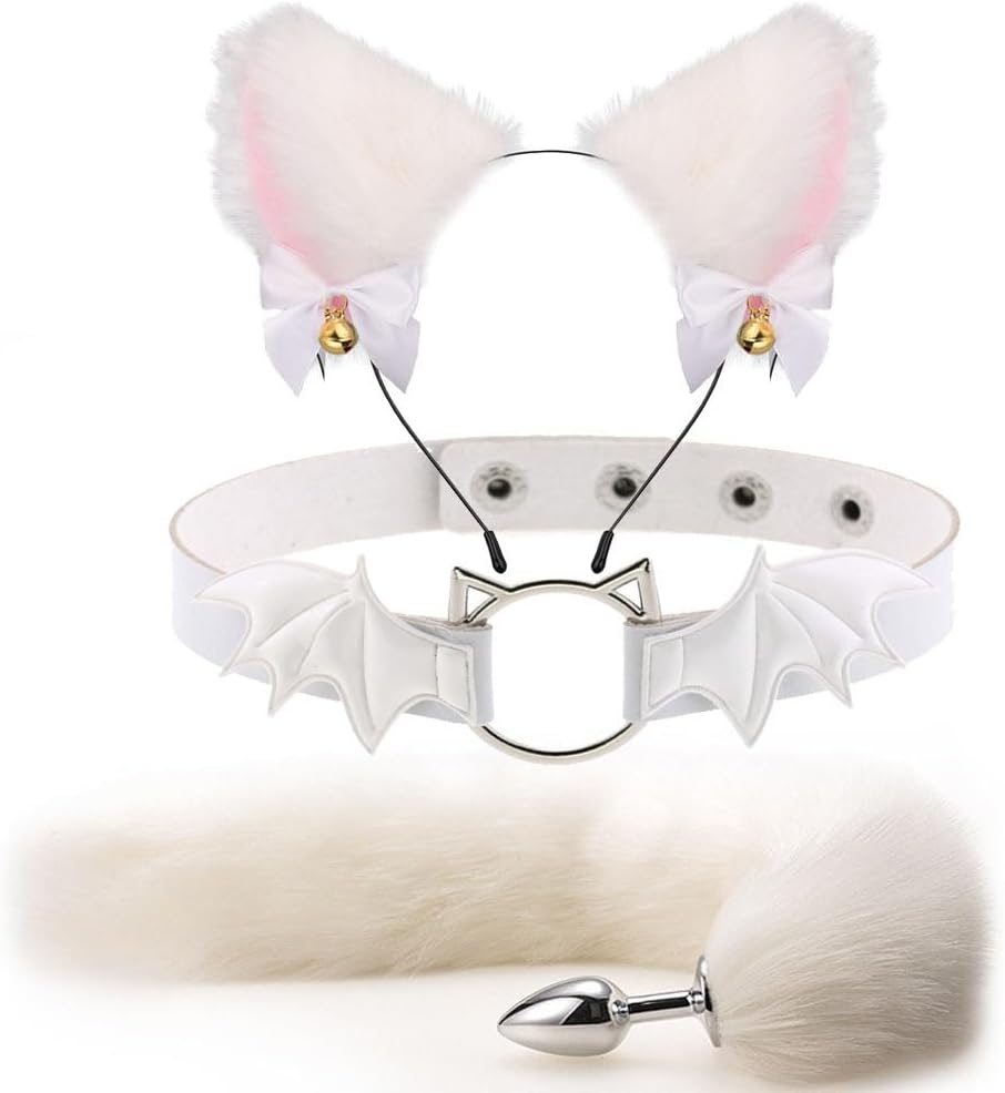 Fox Animal Costume Set Furry Ear Headband Fox Tail Bell Anal Plug-Animal Sexual Anus Bat Leather Choker Necklace Valentines Day Cosplay