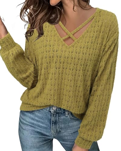 Image of Lotusmile Women's Soft Fuzzy Knit Hollow Out Lace Blouses Criss Cross V Neck Tops for Women Dressy Casual