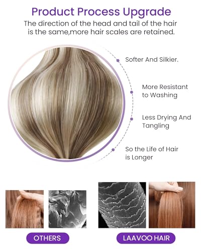Image of LaaVoo Human Hair Tape in Extensions Light Brown Highlight Lightest Blonde | for Short Hair, Add Volume, Tape in Hair Extensions Human Hair, Snug Fitting, Invisible Bases, Blend Well, 12Inch 20Pcs 30G
