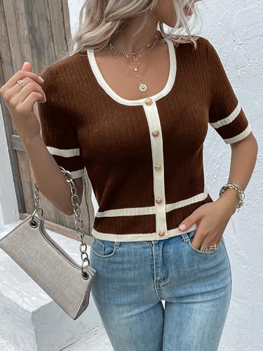 Image of Verdusa Women's Cropped Sweater Old Money Clothes Short Sleeve Lightweight Sweater Fall Trendy Knit Top