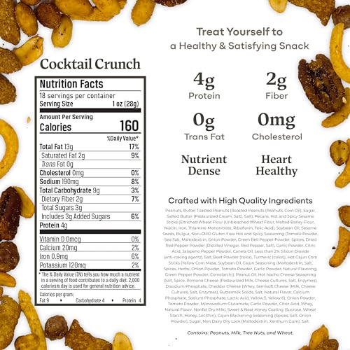 Image of Belmont Peanuts Cocktail Crunch Mix, 18 oz (1 Pack) - Pecans, Butter Toffee Virginia Peanuts, Sesame Sticks, Rice Sticks, Seasoned Peanuts - Simple Ingredients, No Preservatives, Hand Seasoned