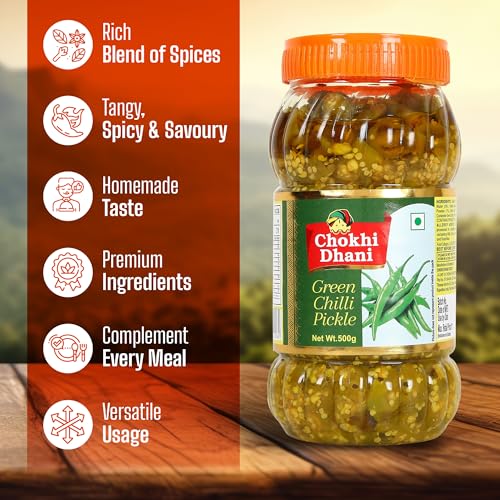 Image of Chokhi Dhani Green Chilli Pickle Pack of 2 (500g Each) | Hari Mirch Achar | Tangy & Spicy Indian Pickle | Traditional Homemade Style