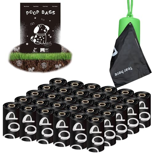 100% plant-based Dog Poop Bags Rolls, ASTM D6400 & EN 13432 Compliant, 450 Poop Bags including dispenser, 13 in × 9 in black poop bags for dogs, Super thick 100% leak proof