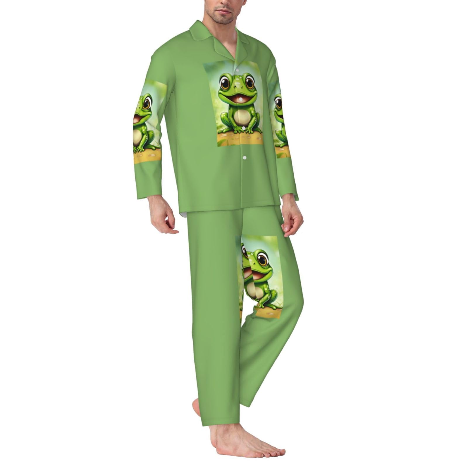 Herren-Pyjama-Set mit grünem Froschdruck, langärmelig, zweiteilig, Hauskleidung, bequeme Nachtwäsche