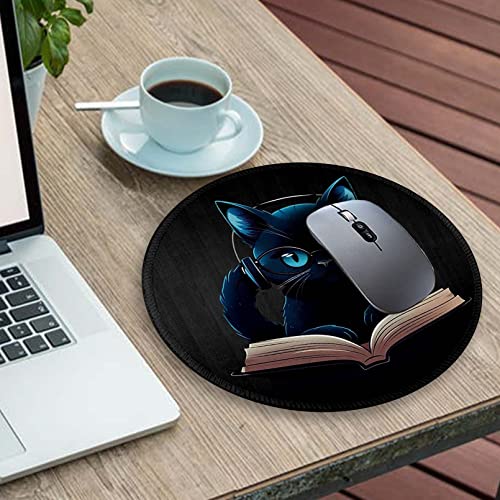 Image of Cat Round Mouse Pad, Cute Small Mouse Pad for Desk, Funny Black Mousepad,Stitched Edge Non-Slip Rubber Base, Personalized Computer Mouse Pads for Wireless Mouse,Office Decor Desk Accessories
