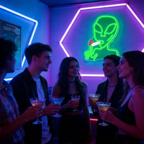Image of Alien Neon Sign for Wall Decor, Dimmable LED Green Alien Neon Lights Sign for Bedroom Game Room Man Cave Home Bar Party Decor Gifts
