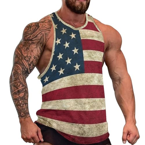 American Flag USA Pattern Men's Tank Tops Sleeveless Vest Athletic Fitness T Shirts Workout Muscle Shirts