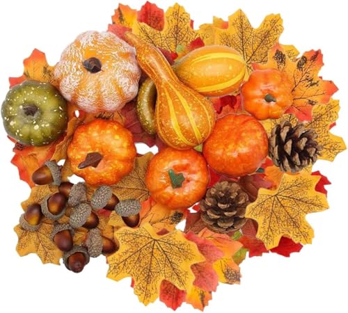 SOPSTUO Autumn Decorations Set - 50Pcs Artificial Pumpkins Artificial Fall Maple Leaves Pine Cones for Thanksgiving Halloween Autumn Home Table Decor