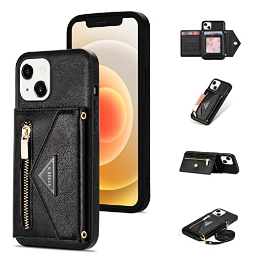 SCRENDY Äkta läder telefonfodral för iPhone 13, läder telefonkorthållare, liten crossbody plånboksfodral för kvinnor med lång rem, svart