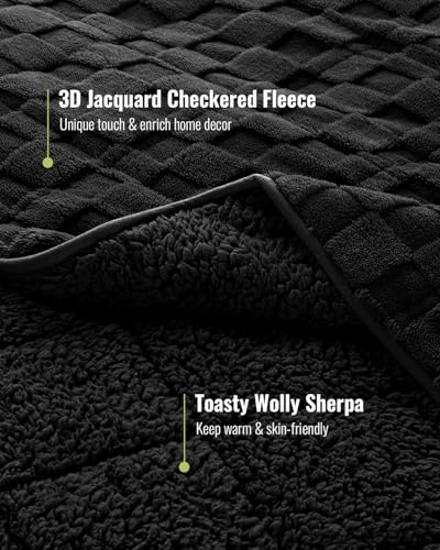 Uttermara Sherpa Fleece Weighted Blanket Queen Size(20lbs, 60" x 80", Black), 3D Jacquard Checkered Warm Sherpa Heavy Blanket for Adults, Soft Fuzzy Weighted Blankets for Couch Bed Sofa