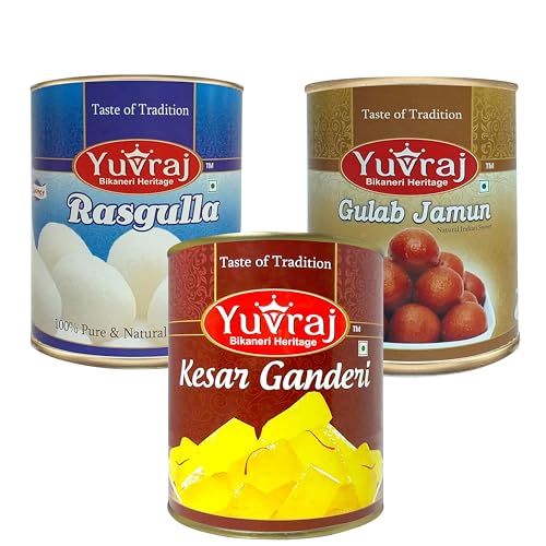 Image of YUVRAJ Sweets kesar Ganderi, Rasgulla & Gulab jamun combo pack of 3 (1 KG x 3)
