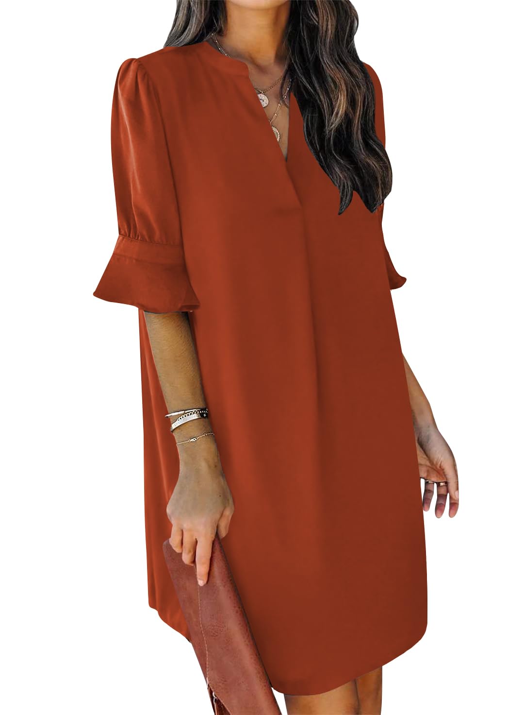 QACOHU Summer Dresses for Women V Neck Ruffle Short Sleeve Casual Shift Dress