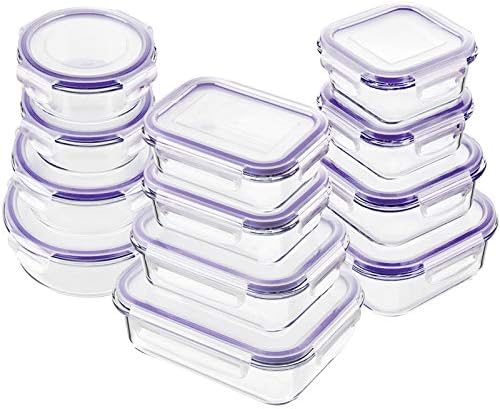 Bayco Glass Food Storage Containers with Lids, [24 Piece] Glass Meal Prep Containers, Airtight Glass Bento Boxes, BPA Free & Leak Proof (12 lids & 12 Containers) - Purple