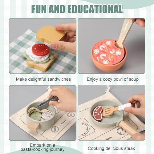 Pithfor Wooden Play Cooking Set, Pretend Play Kitchen Accessories Toys Set for Kids Toddlers, Including Play Dishes, Pot and Pan, Utensils, Gifts for 3 4 5 Years Old Girls Boys