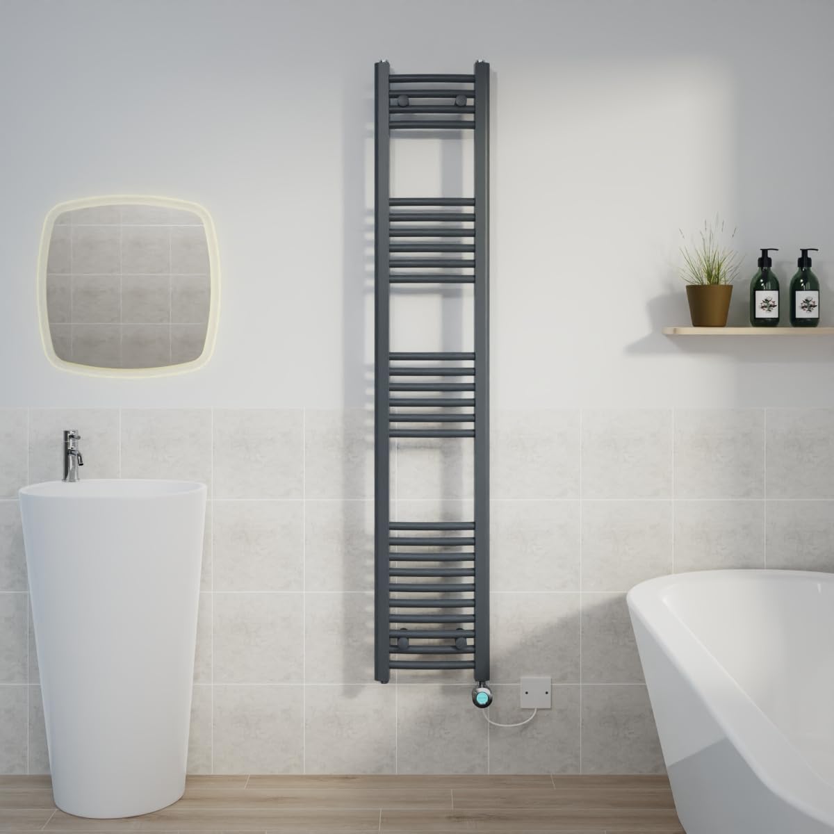 Warmehaus Prefilled 1600x300mm Curved Electric Heated Towel Rail with Timer Thermostatic Bathroom Radiator Anthracite - 800W(Chrome Heating Element)