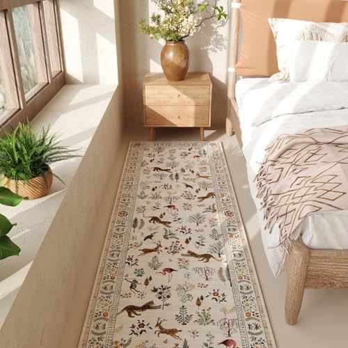Runner Rug for Kitchen Non Slip 2'6''x8' Washable Rugs with Rubber Backing Soft Floral Animal Carpet Runner for Kitchen, Laundry, Bedroom, Bathroom (Beige)