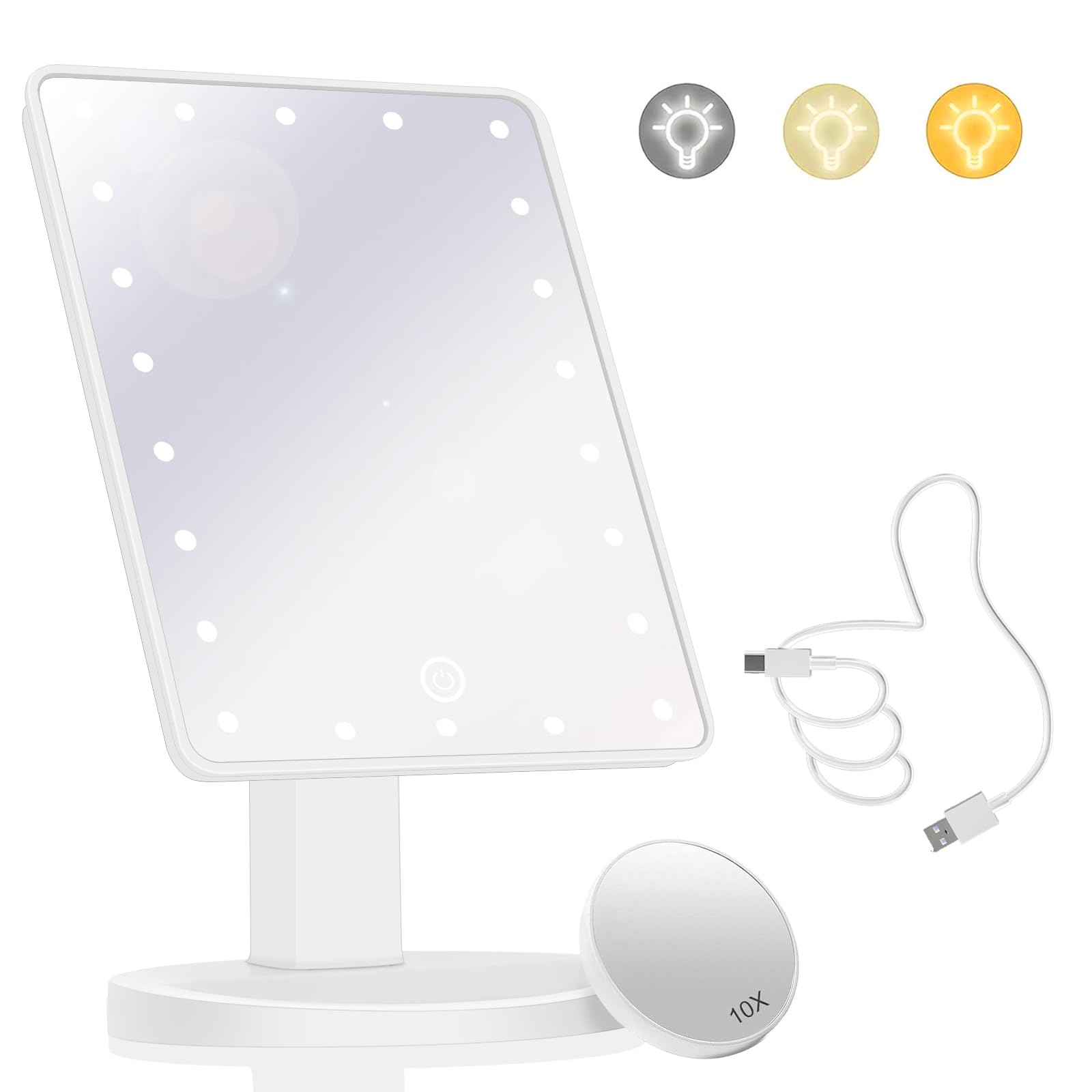 Makeup Vanity Mirror with Lights and 22 LED Lighted Makeup Mirror, Detachable 10X Magnification, Adjustable Dimming Touch Sensor, Dual Power Supply, 270° Rotation, Portable Cosmetic Mirror - White