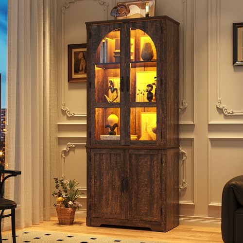 Image of chartustriable 75 inch Tall Farmhouse Kitchen Pantry Cabinet with LED Lights,Wood Storage Cabinet w Arched Glass Doors,Pantry Organizers and Storage,Rustic Wood Cupboard for Kitchen,Dining Room(Brown)