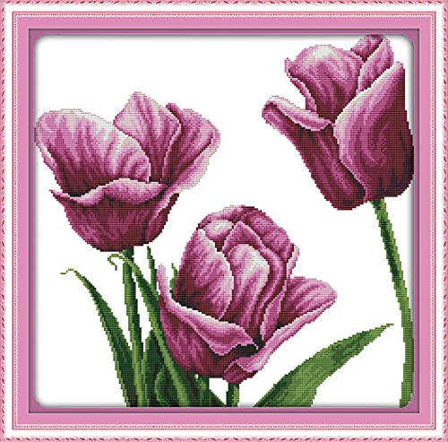 Broderie point de croix kit débutant tulipe violette 40x50 cm canevas pré-imprimé