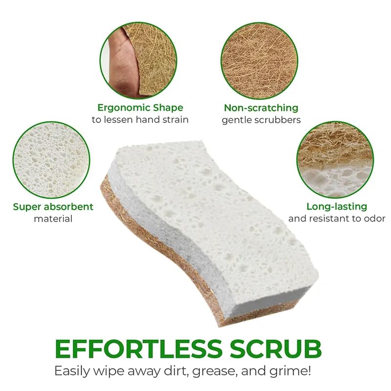 Image of Eco Friendly Scrubbing Sponge, 6-Pack, Biodegradable, All Natural, Plant Based Kitchen and Bath, Multi-Surface Scrubber Sponge