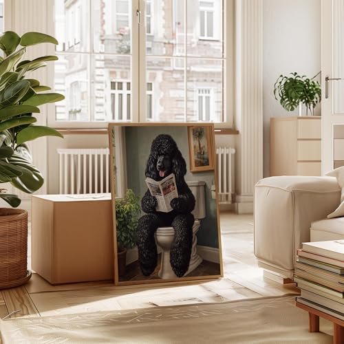 Image of Poodle Black on Toilet Wood Framed Wall Art Print Poster, Dog Bathroom Humor Decor Posters Prints for Restroom Home Picture Painting Artwork Gallery 7 (Poodle Black, 10 inchL x 8 inchW, Wood Frame)