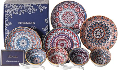 Bohemia Ceramic Plates and Bowls Sets for 4 with Spoons, 12-Pcs C...