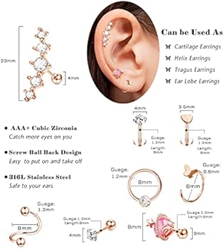 Kakonia 9 stuks 16G helix piercings dames chirurgisch staal oorpiercing vlinder tragus goud zilver roségoud platte hoek kraakbeen helix tragus conch 16G staal
