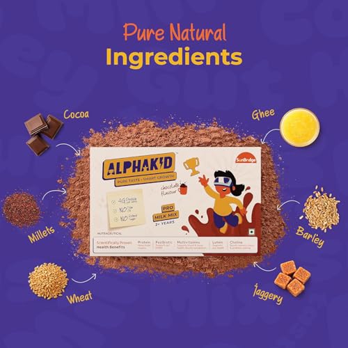 Image of Alphakid smart milk mix (2 + Years) | Chocolate flavour milk mix Protein Powder | No palm oil | No refined sugar | supports gut health | Sweetened with jaggery | boosts immunity | with Barley, Millet, Wheat, Jaggery & Ghee | Vitamins & Minerals | 14 pouches of 25gm each in monocarton | with 19 essential nutrients | Pack of 2