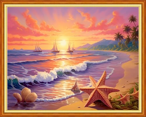 Image of Magxvouy Cross Stitch Kits Stamped Full Range of Embroidery Kits,Cross Stitch Patterns Needlework Kits for Beginners 11CT Printed Kits&Sunrise by the Sea 16x20 inch